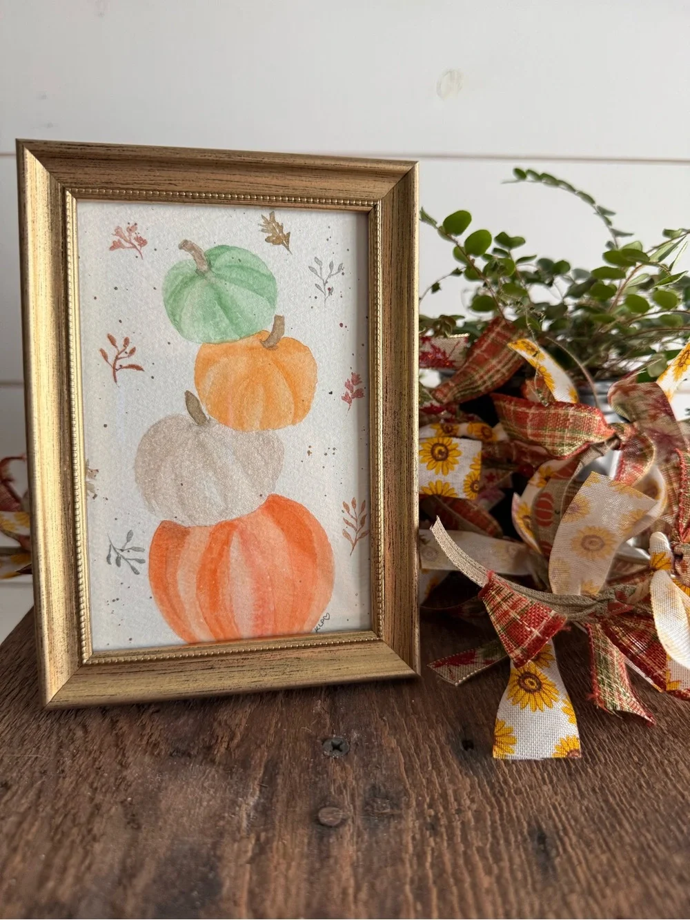 Pumpkin Stack Watercolor Framed original in 4x6 frame